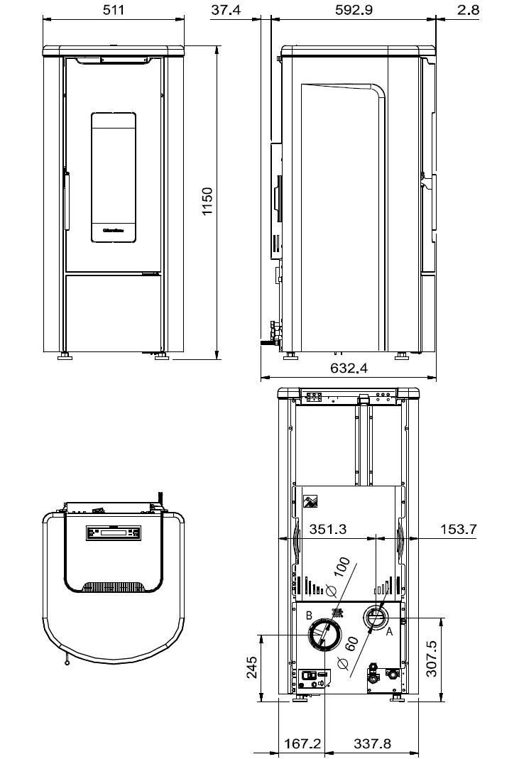 Dimensiuni termosemineu pe peleti tip centrala 14,2 kW Rosanna Idro La Nordica-Extraflame