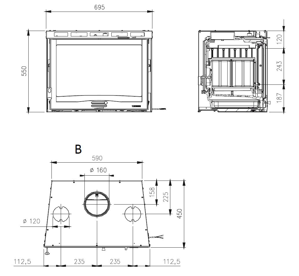 Dimensiuni Focar de șemineu cu ventilație, din fontă, pe combustibil solid, 7,8 kW, pentru 223 m³, Inserto 70 4.0 – Ventilato, La Nordica-Extraflame